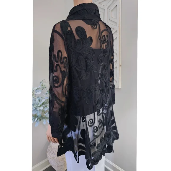 DAMEE INC Black Mesh Embroidered Floral on Mesh Jacket Cardigan Jacket Large - Picture 2 of 9